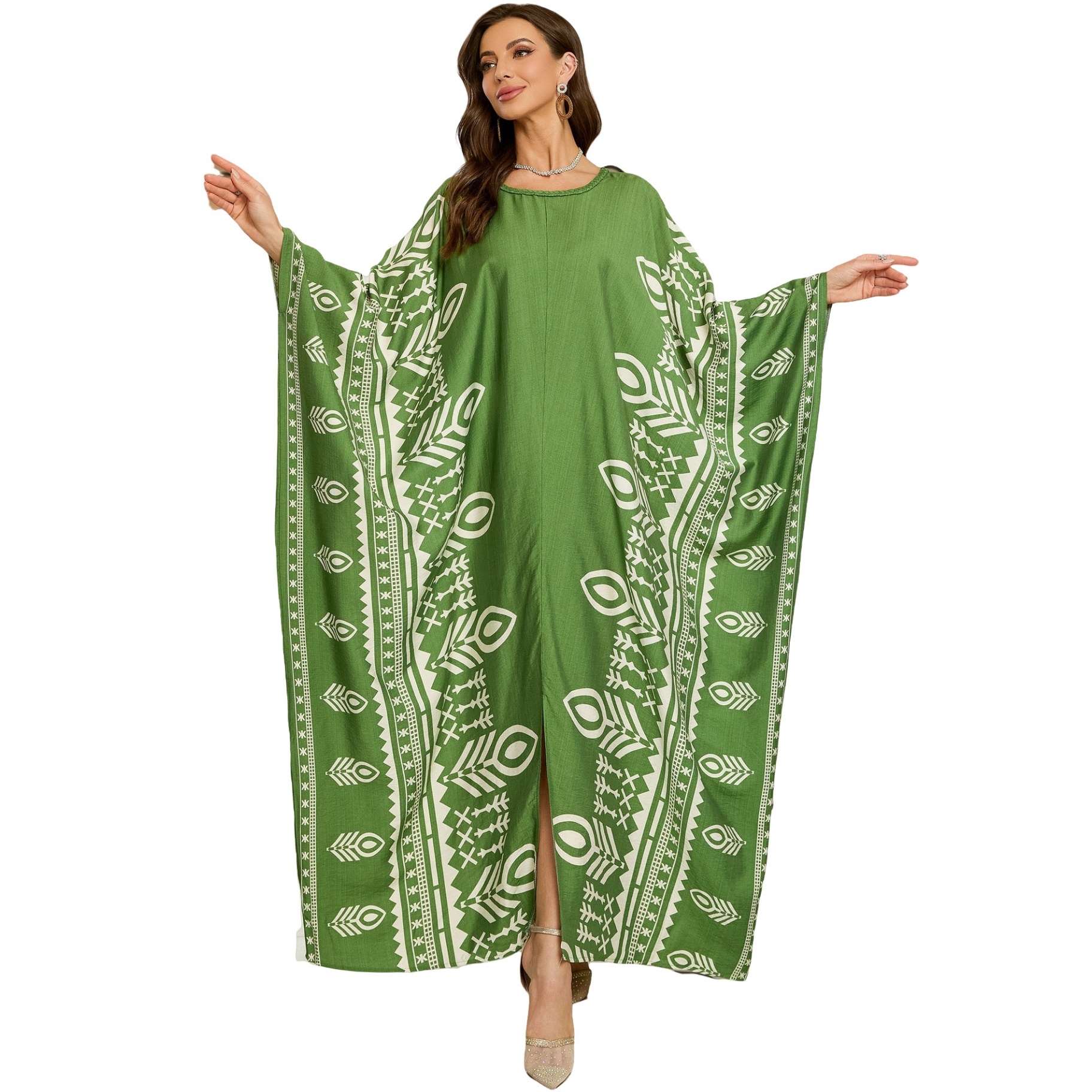 Geometric Pattern Kaftan Maxi Dress with Long Batwing Sleeves for Beach Cover Up